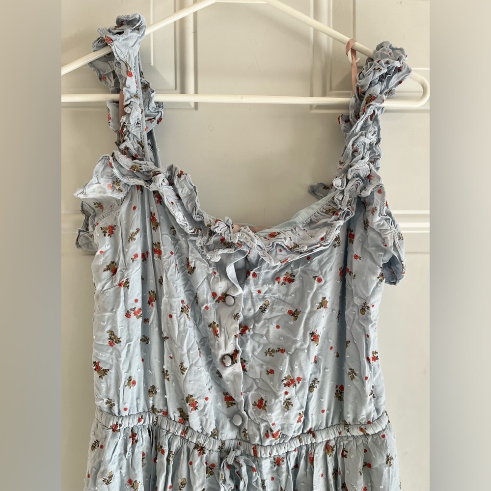 Gal Meets Glam Patricia Dress Women 8P Blue Floral Button Front Maxi Ruffle Neck - Picture 3 of 10